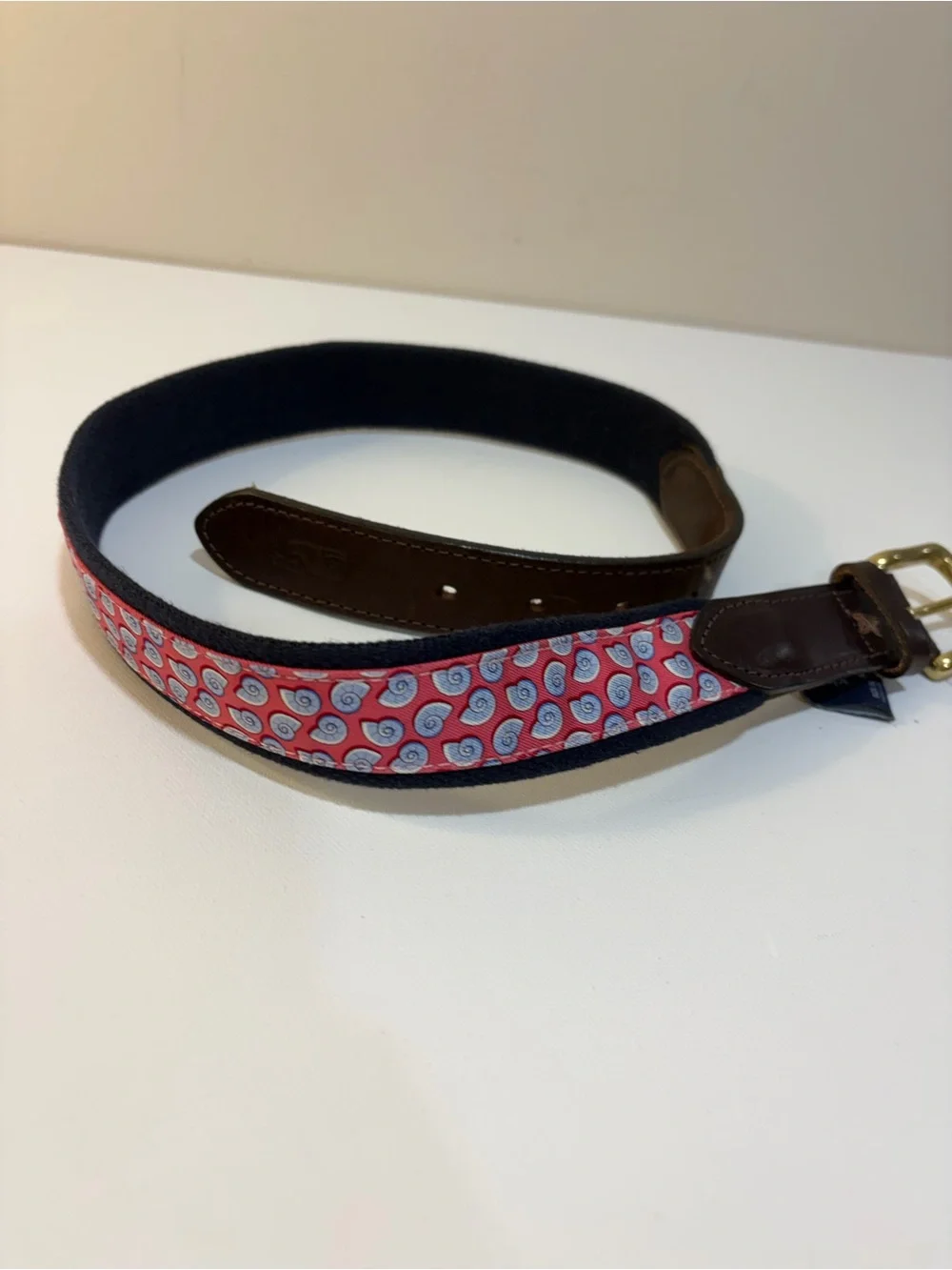 Vineyard Vines Pink Patterned Webbed Belt with Brown Leather Trim